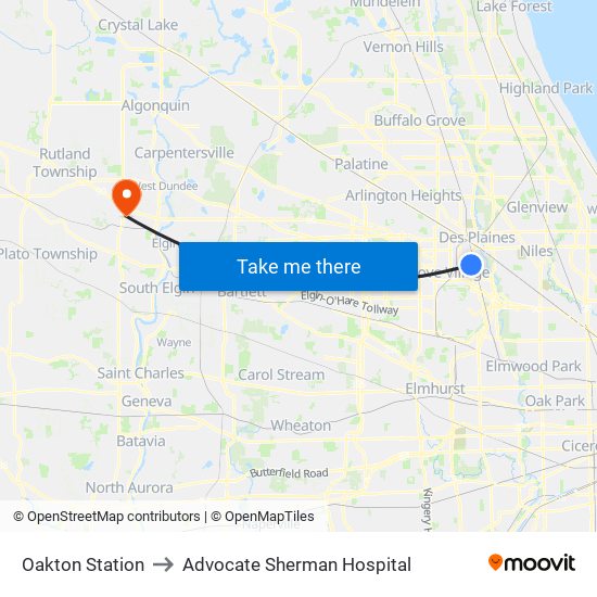 Oakton Station to Advocate Sherman Hospital map