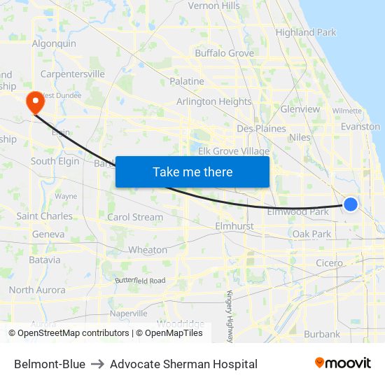 Belmont-Blue to Advocate Sherman Hospital map