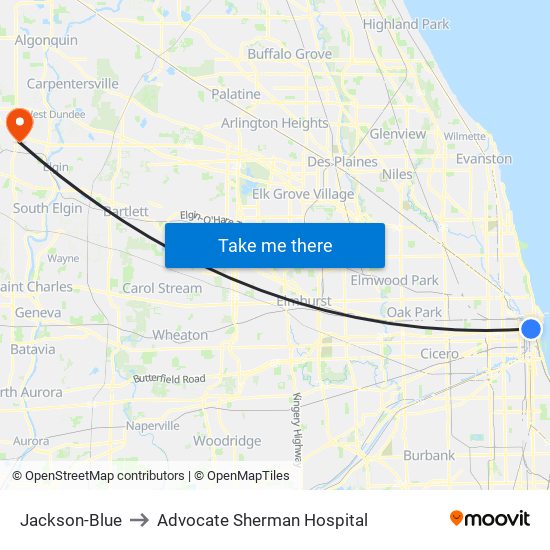 Jackson-Blue to Advocate Sherman Hospital map