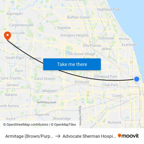 Armitage (Brown/Purple) to Advocate Sherman Hospital map