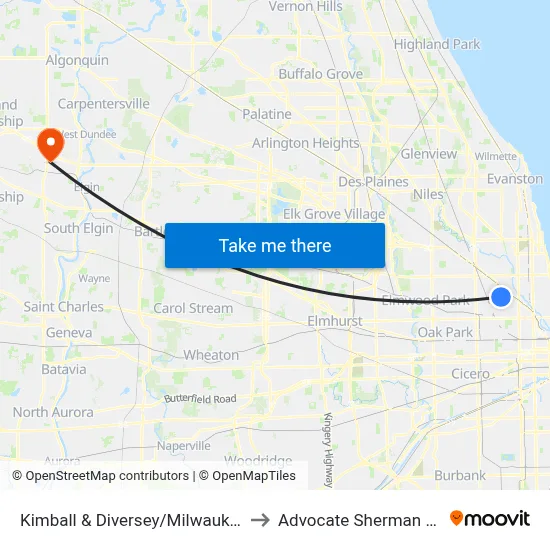 Kimball & Diversey/Milwaukee (North) to Advocate Sherman Hospital map
