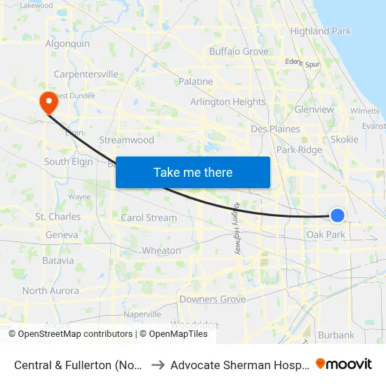 Central & Fullerton (North) to Advocate Sherman Hospital map