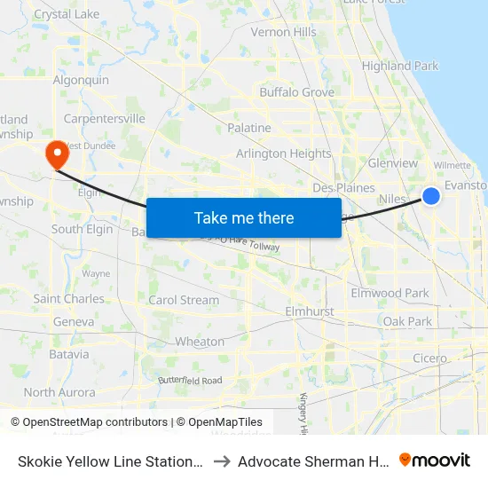 Skokie Yellow Line Station (South) to Advocate Sherman Hospital map