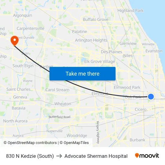 830 N Kedzie (South) to Advocate Sherman Hospital map