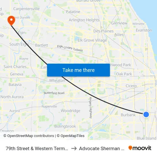 79th Street & Western Terminal (East) to Advocate Sherman Hospital map
