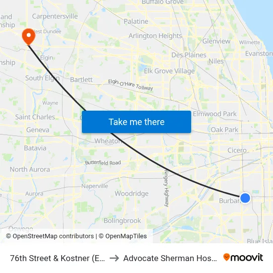 76th Street & Kostner (East) to Advocate Sherman Hospital map