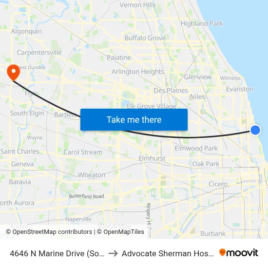 4646 N Marine Drive (South) to Advocate Sherman Hospital map