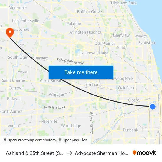 Ashland & 35th Street (South) to Advocate Sherman Hospital map