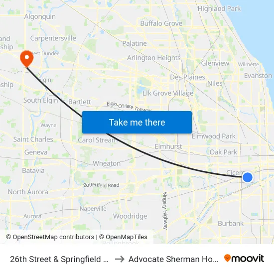 26th Street & Springfield (East) to Advocate Sherman Hospital map
