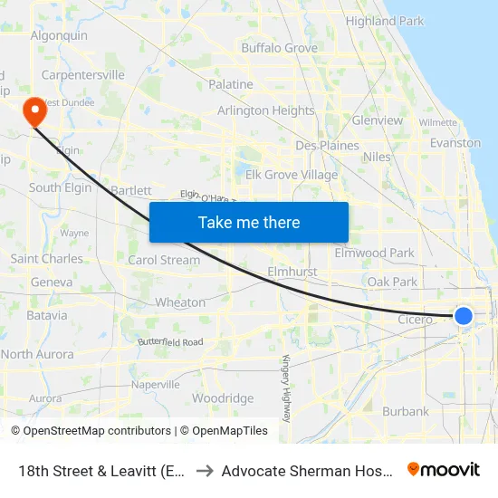 18th Street & Leavitt (East) to Advocate Sherman Hospital map