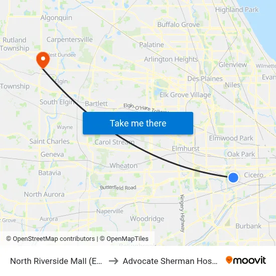 North Riverside Mall (East) to Advocate Sherman Hospital map