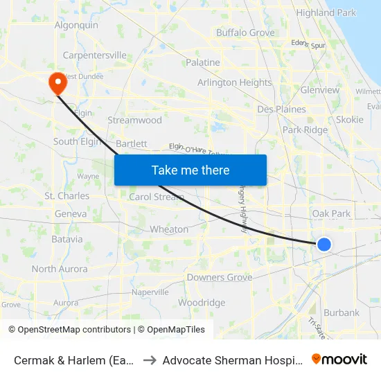 Cermak & Harlem (East) to Advocate Sherman Hospital map