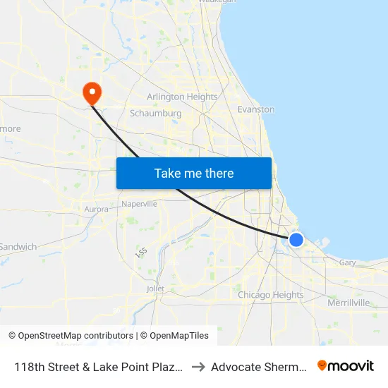 118th Street & Lake Point Plaza (3600 E) (West) to Advocate Sherman Hospital map