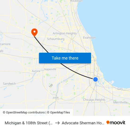 Michigan & 108th Street (North) to Advocate Sherman Hospital map