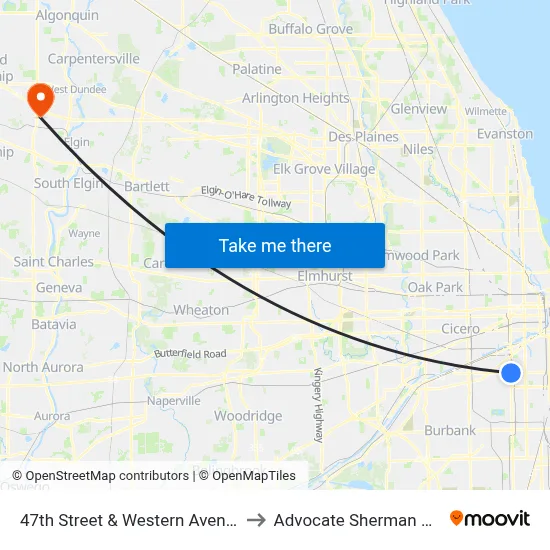 47th Street & Western Avenue (East) to Advocate Sherman Hospital map