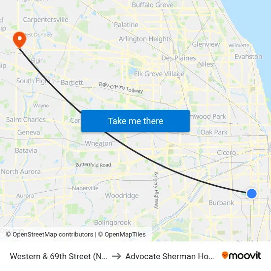 Western & 69th Street (North) to Advocate Sherman Hospital map