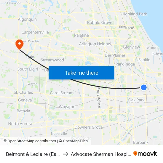 Belmont & Leclaire (East) to Advocate Sherman Hospital map