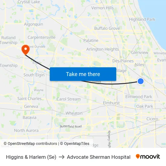 Higgins & Harlem (Se) to Advocate Sherman Hospital map