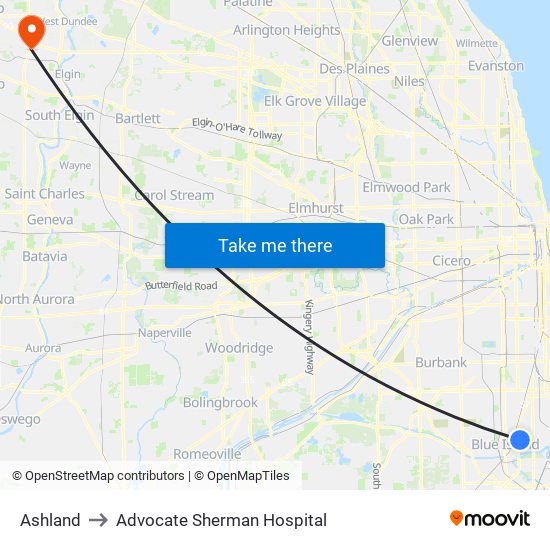 Ashland to Advocate Sherman Hospital map