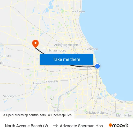 North Avenue Beach (West) to Advocate Sherman Hospital map