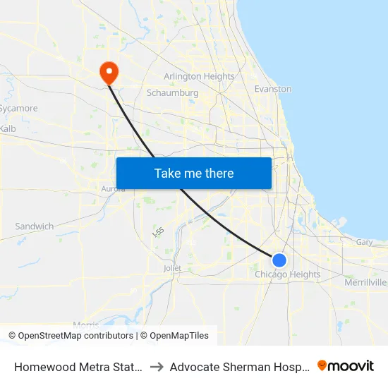 Homewood Metra Station to Advocate Sherman Hospital map