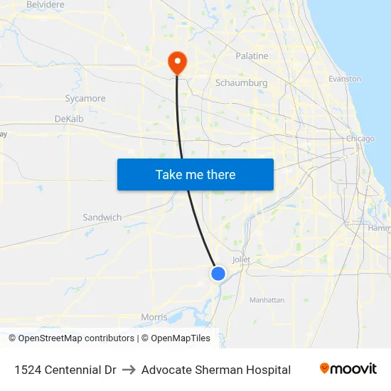 1524 Centennial Dr to Advocate Sherman Hospital map