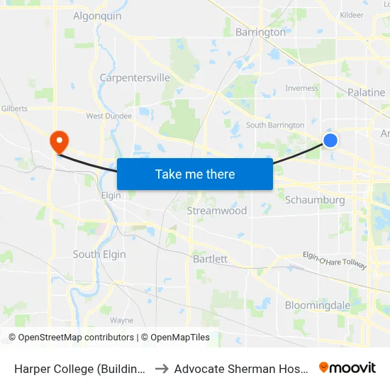 Harper College (Building A) to Advocate Sherman Hospital map