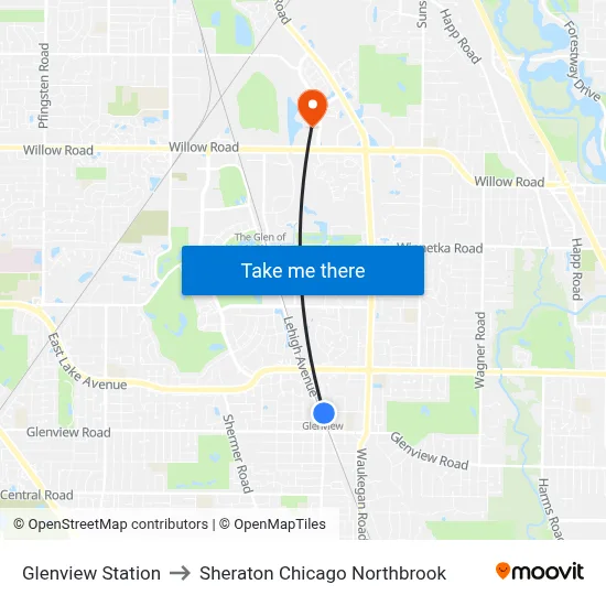 Glenview Station to Sheraton Chicago Northbrook map