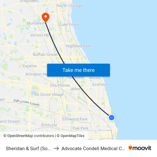 Sheridan & Surf (South) to Advocate Condell Medical Center map