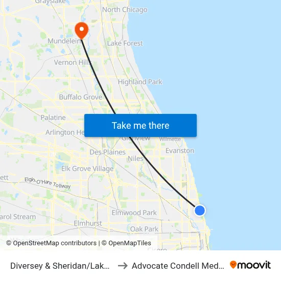Diversey & Sheridan/Lakeview (East) to Advocate Condell Medical Center map