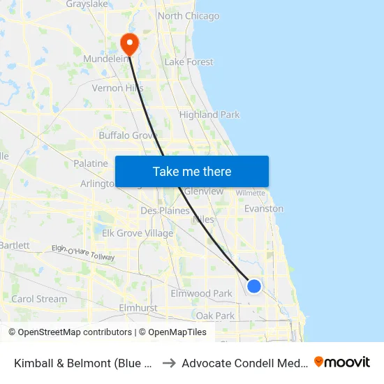 Kimball & Belmont (Blue Line) (North) to Advocate Condell Medical Center map