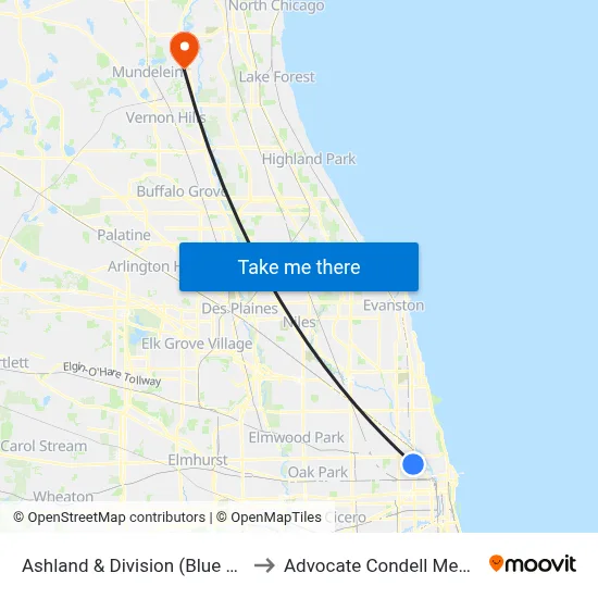 Ashland & Division (Blue Line) (South) to Advocate Condell Medical Center map