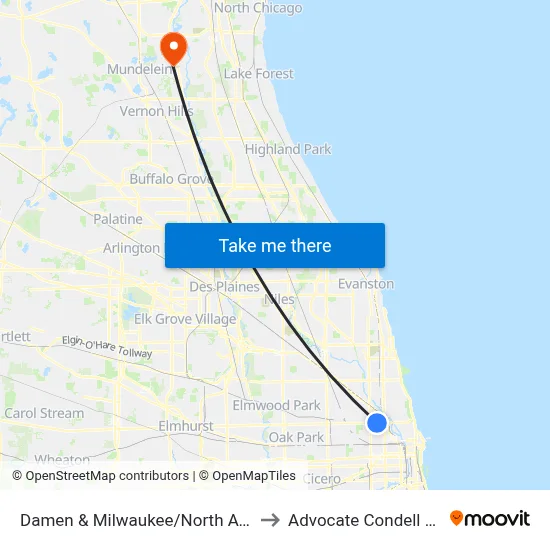 Damen & Milwaukee/North Ave (Blue Line) (North) to Advocate Condell Medical Center map