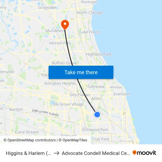 Higgins & Harlem (Se) to Advocate Condell Medical Center map