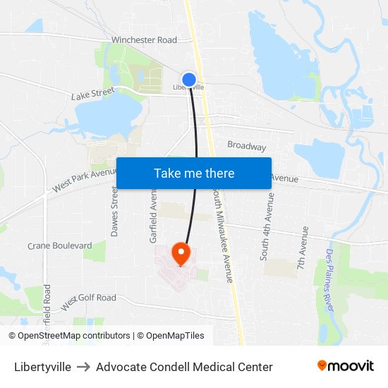 Libertyville to Advocate Condell Medical Center map