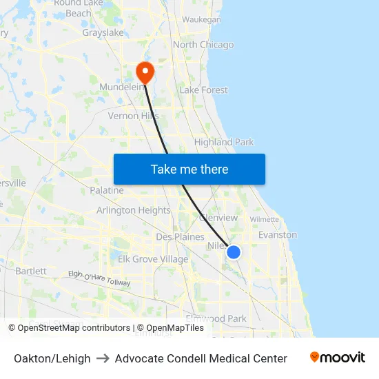 Oakton/Lehigh to Advocate Condell Medical Center map
