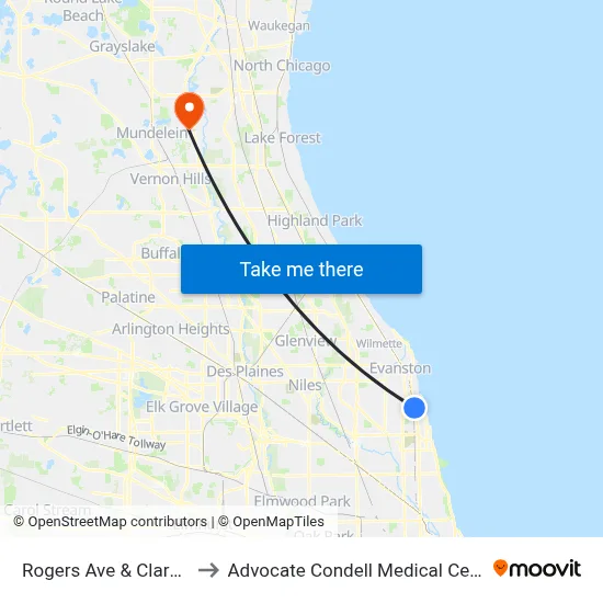 Rogers Ave & Clark St to Advocate Condell Medical Center map