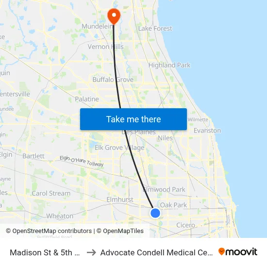 Madison St & 5th Ave to Advocate Condell Medical Center map