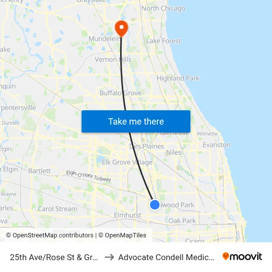 25th Ave/Rose St & Grand Ave to Advocate Condell Medical Center map