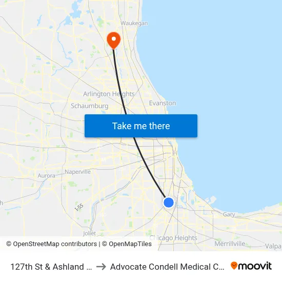 127th St & Ashland Ave to Advocate Condell Medical Center map