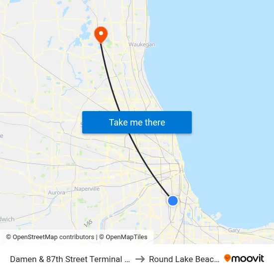 Damen & 87th Street Terminal (Se) to Round Lake Beach Il map