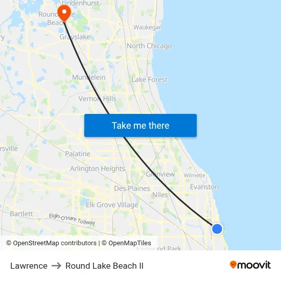 Lawrence to Round Lake Beach Il map