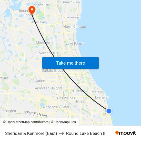 Sheridan & Kenmore (East) to Round Lake Beach Il map