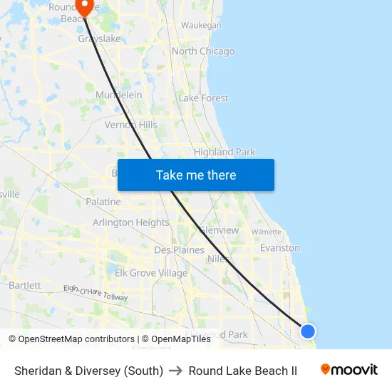 Sheridan & Diversey (South) to Round Lake Beach Il map