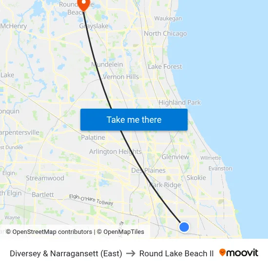 Diversey & Narragansett (East) to Round Lake Beach Il map