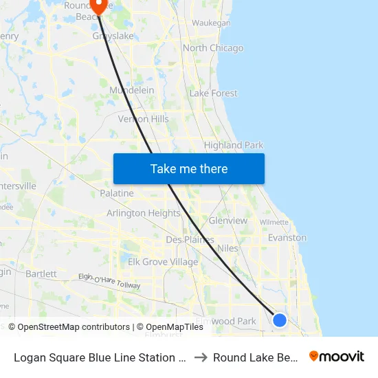 Logan Square Blue Line Station (South) to Round Lake Beach Il map