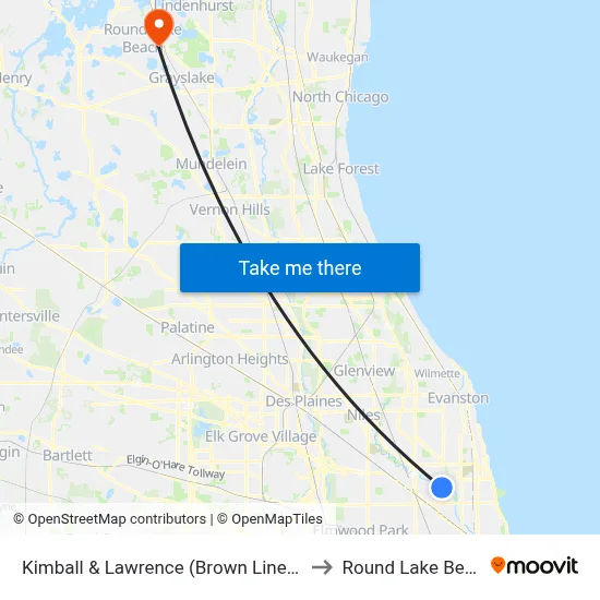 Kimball & Lawrence (Brown Line) (North) to Round Lake Beach Il map