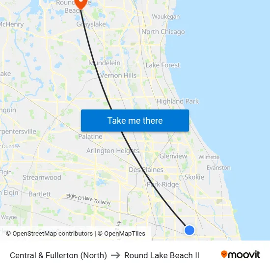 Central & Fullerton (North) to Round Lake Beach Il map