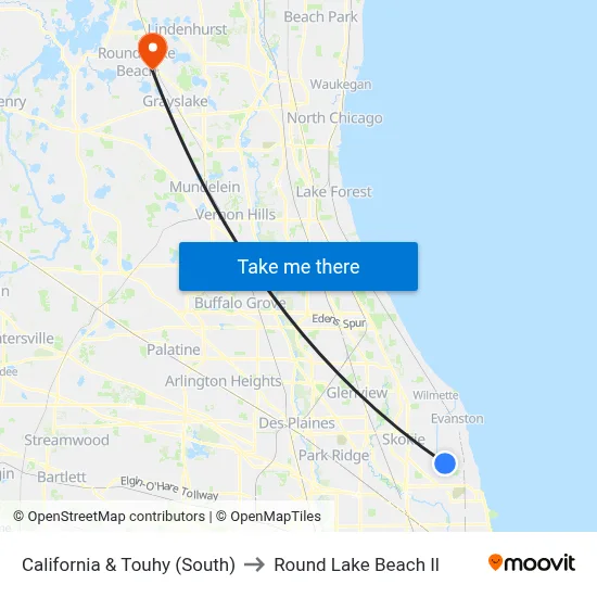 California & Touhy (South) to Round Lake Beach Il map