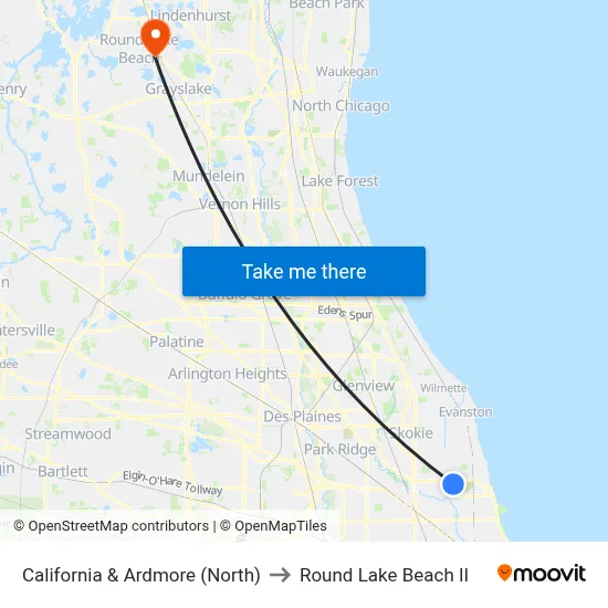 California & Ardmore (North) to Round Lake Beach Il map